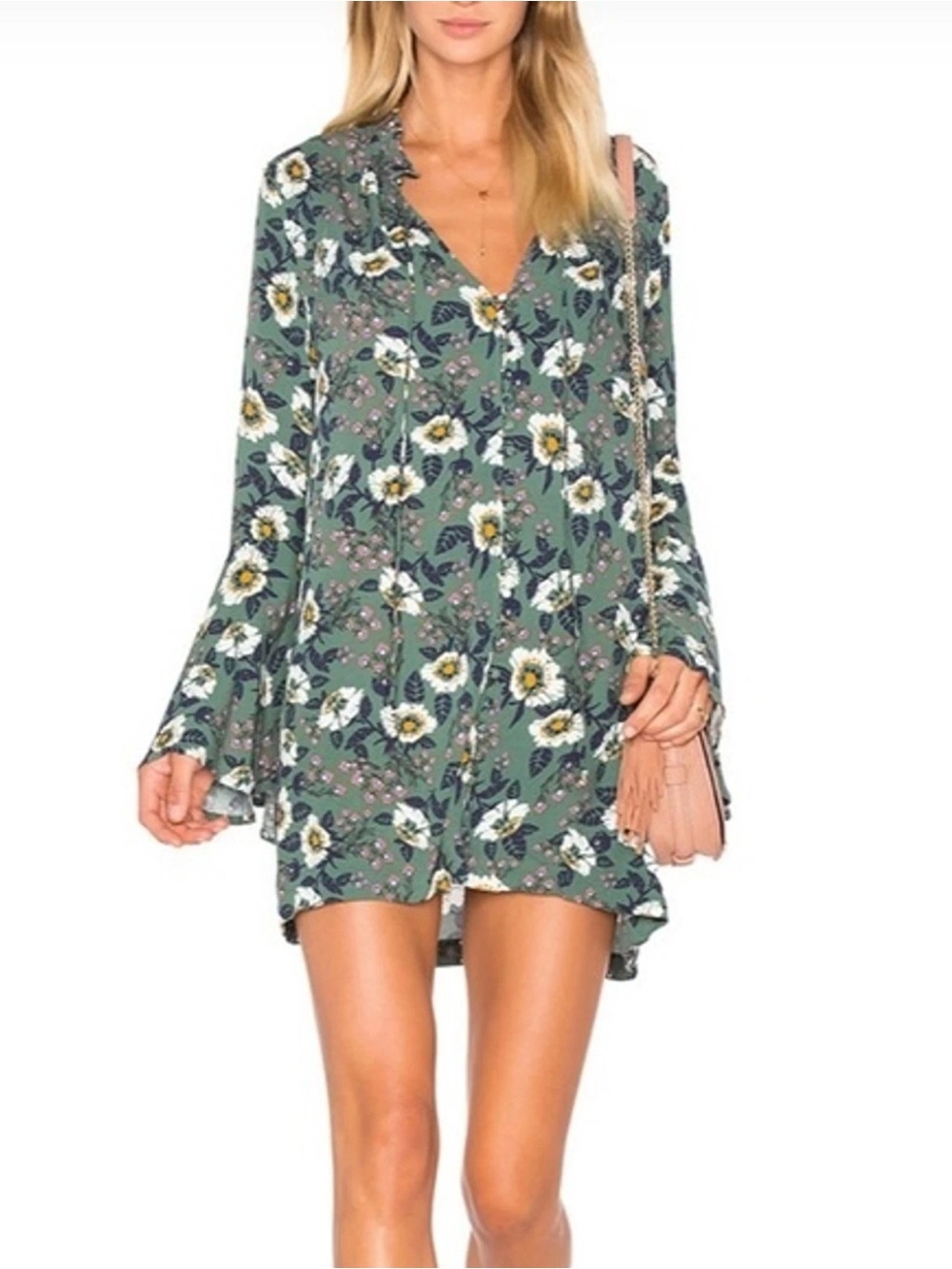 Free People Floral Magic Mystery Bell Sleeve Tunic Mini Dress Size Small Boho